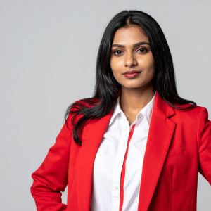 woman in a white shirt with red blazer