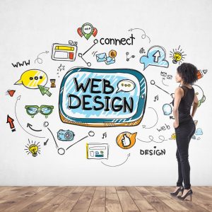person standing in front of a wordcloud with symbols representing Web Design