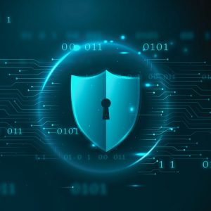shield with a key hole with cybersecurity symbols and binary code surrounding it